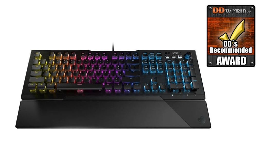 A black ROCCAT Vulcan 121 AIMO mechanical keyboard with RGB lighting and a wrist rest, next to an award badge.