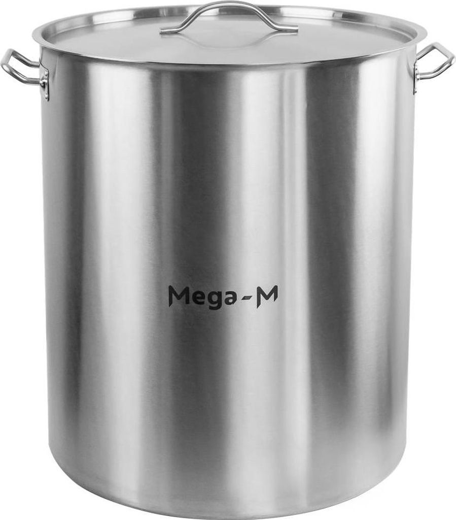 A large, stainless steel pot with a lid and handles.
