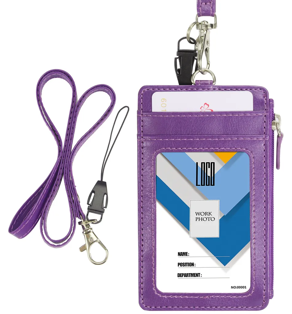 Porte-badge pour personnel avec tour de cou et porte-monnaie zip violet