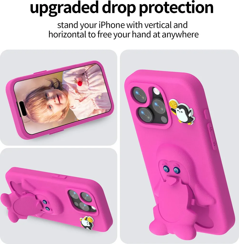 Custodia per bambini in EVA per iPhone 16 Pro Max, morbida custodia protettiva antiurto con supporto per pinguini Rosa - 3