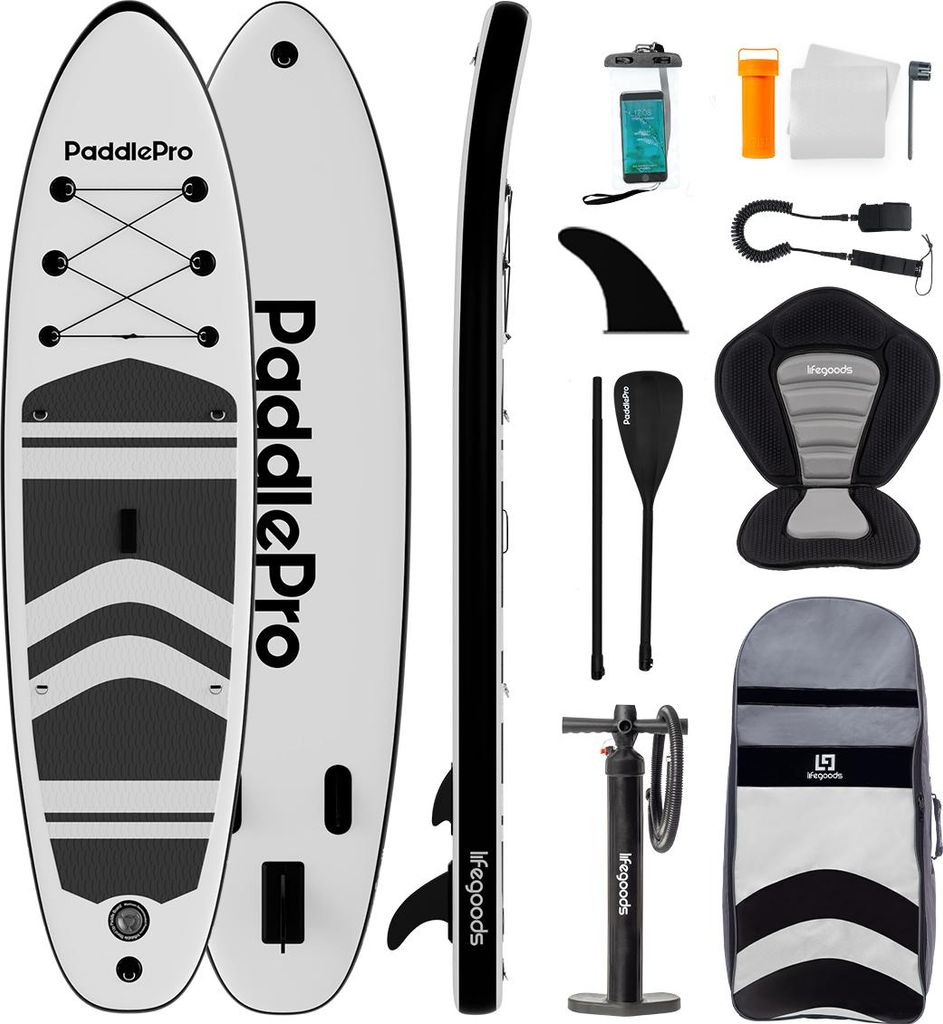 LifeGoods PaddlePro SUP Board - Mit Sitz - Aufblasbares Paddle Board - Komplettes Set - Max. 150 KG - 320x81 cm - Weiß/Schwarz