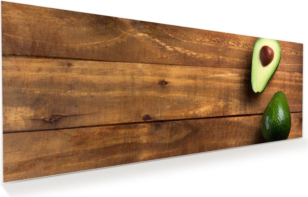 Glasbild Wandbild Avocado auf Holztisch 125x50cm in XXL für Wohnzimmer, Schlafzimmer, Badezimmer, Flur