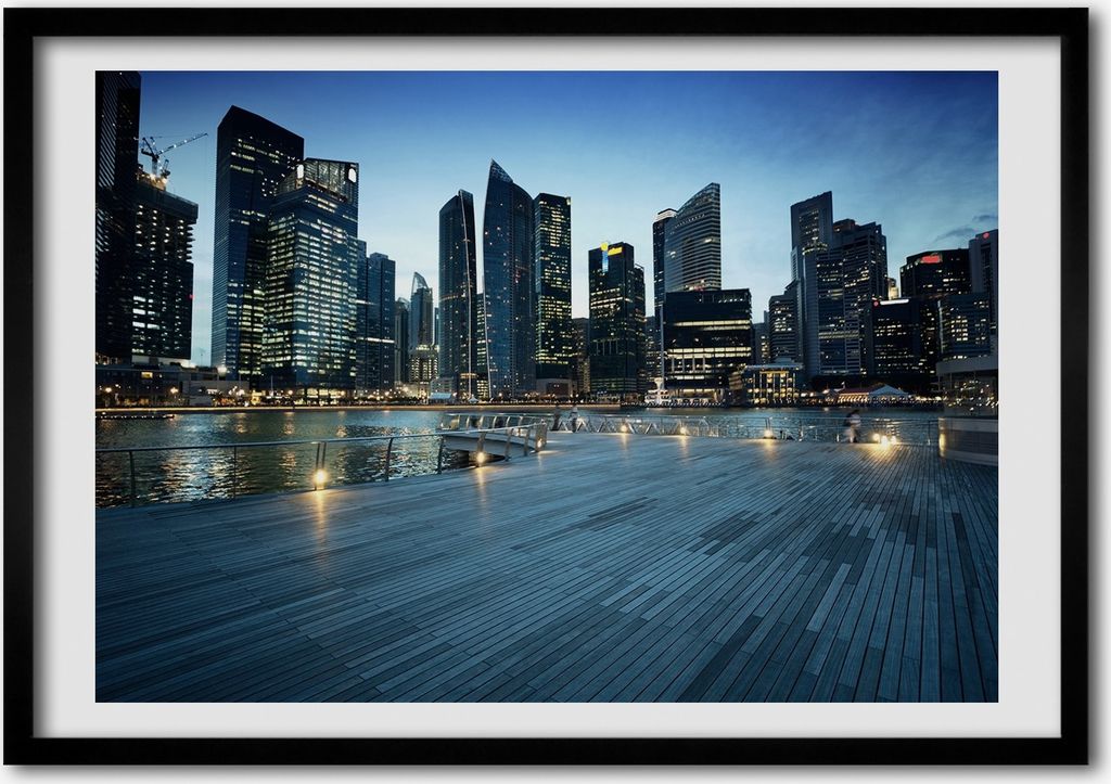 Bild - Bilderrahmen - 100 cm x 70 cm - MDF - Rahmen - Foto - Wandkunst Singapur bei Nacht