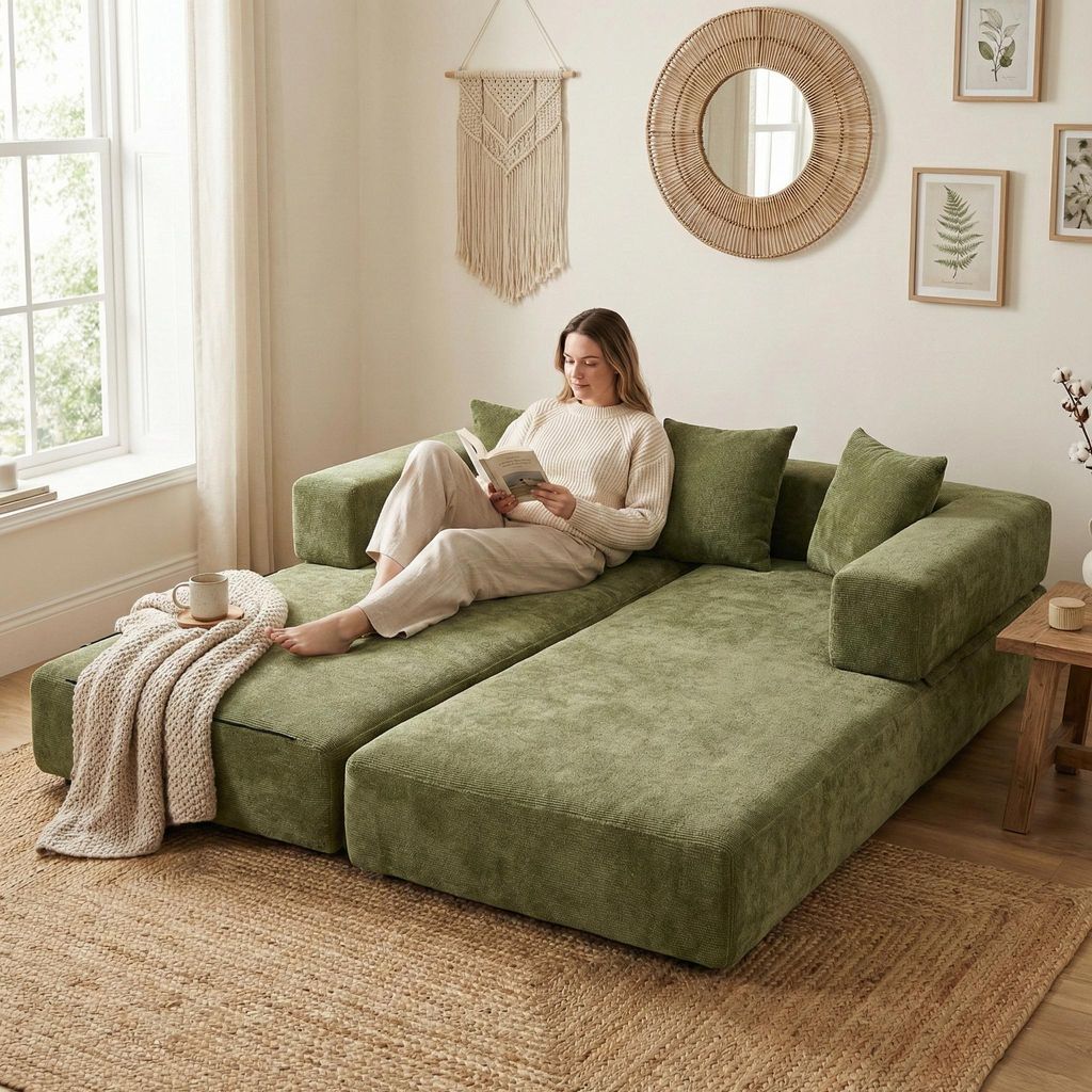 A woman is reading a book while sitting on a modular green sofa in a living room.
