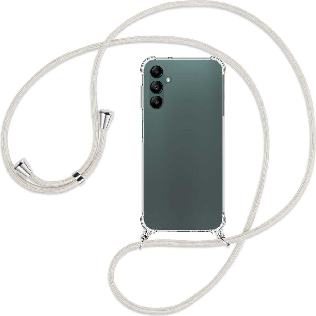 Handykette Backcover-Schutzhülle mit Band (Metall silberfarben) für Samsung Galaxy A14 5G - broken white
