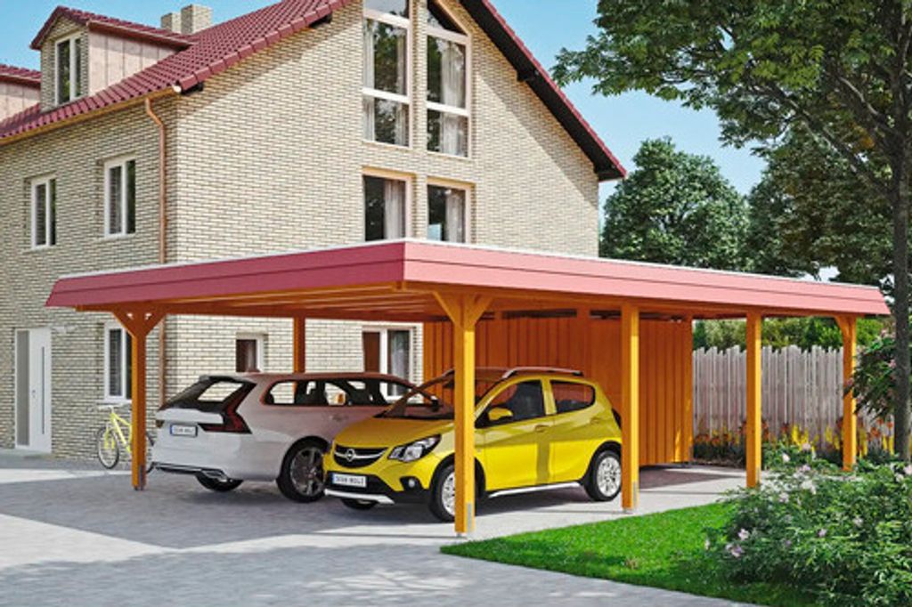 Doppelcarport SKAN HOLZ Wendland rote Blende inkl. Pfostenanker, EPDM Folie, Abstellraum 630 x 879 cm eiche hell