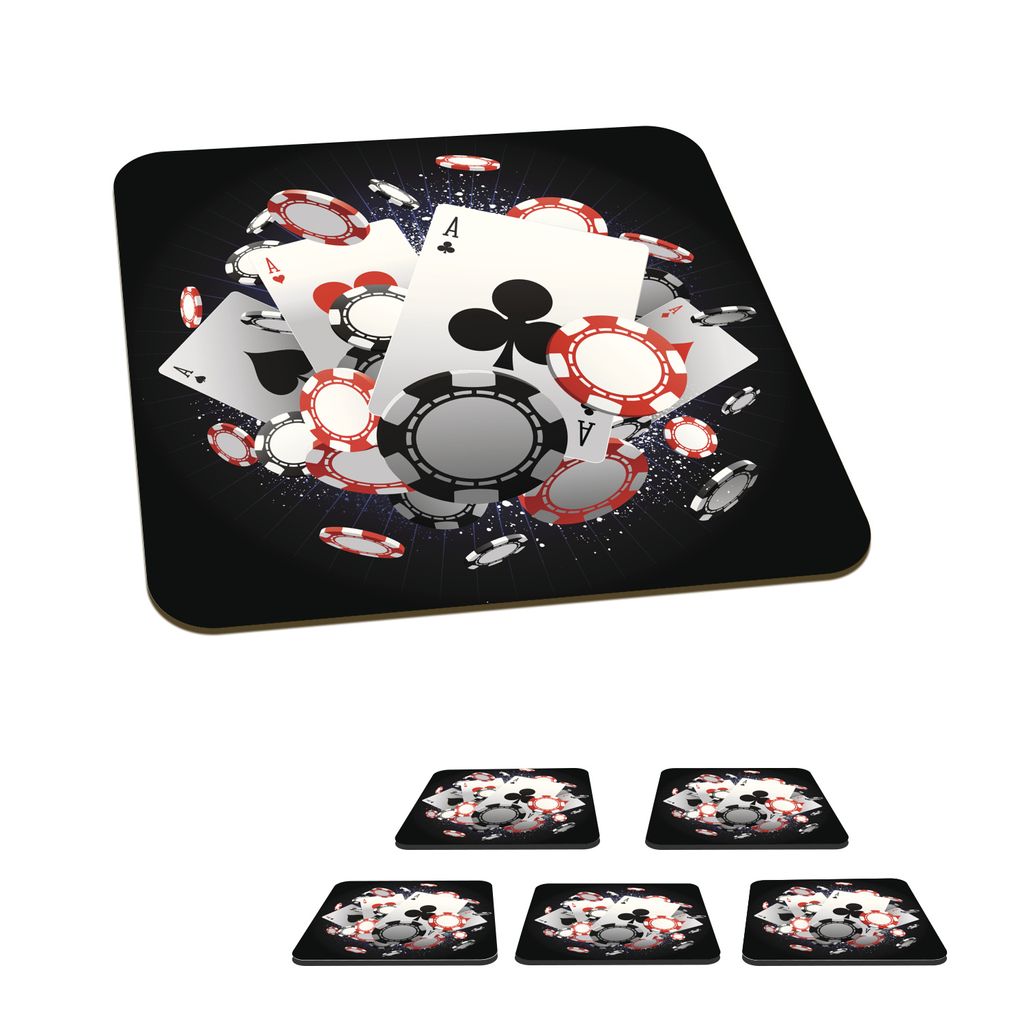 KitchenYeah Glasuntersetzer Quadratisch 6er Set Explosion von Spielkarten und Pokerchips 10x10 cm Untersetzer für Gläser - Getränkeuntersetze...