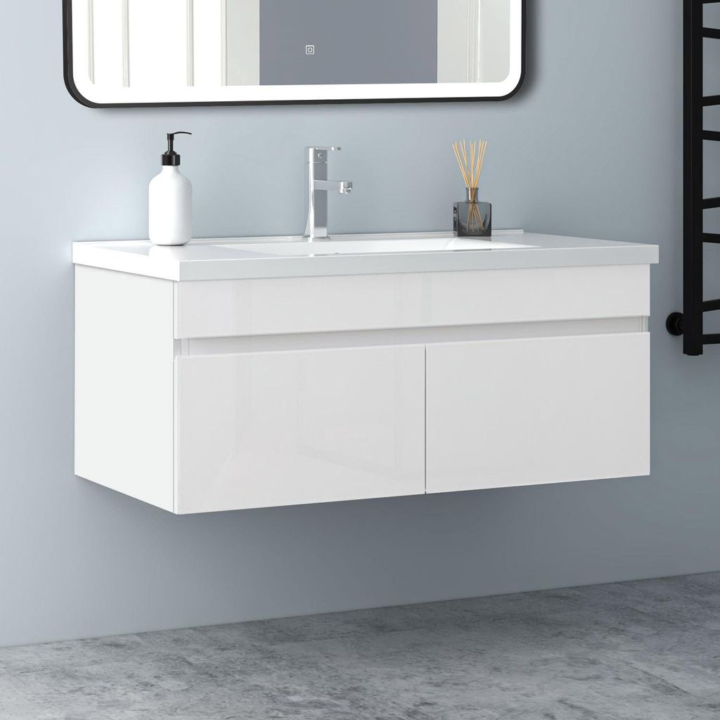 Waschtisch mit Unterschrank 100cm BERGEN Badmöbel Set Hochglanz Weiß Keramik Waschbecken mit Unterschrank MDF Softclose