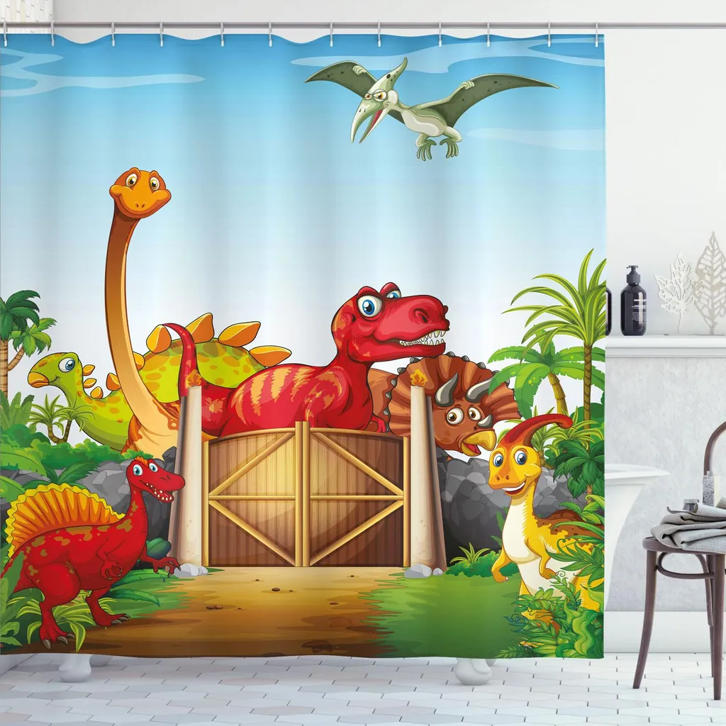 ABAKUHAUS Tenda da doccia Dino, simpatici dinosauri in stile cartone animato in un'illustrazione che raffigura un parco dei dinosauri, una giungla, alberi e habitat animali, 175 x 220 cm, multicolore