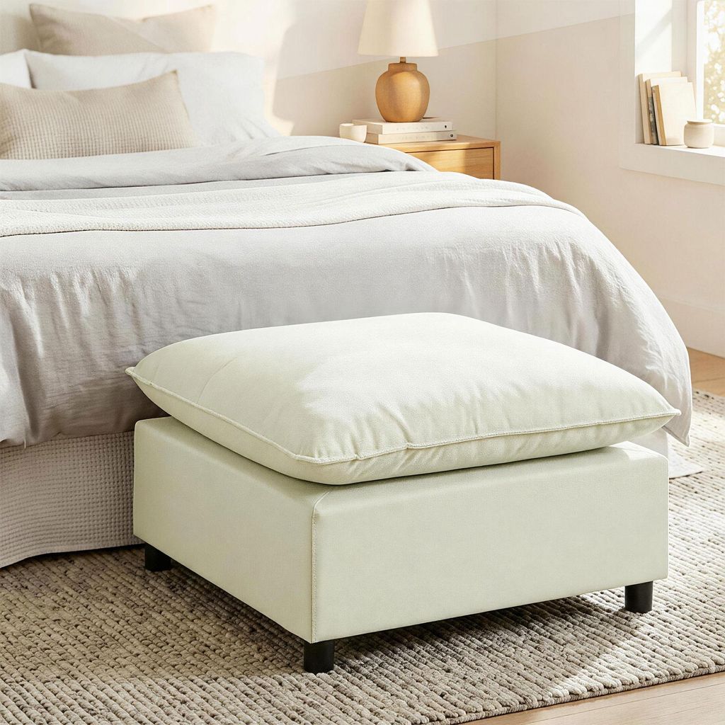 Sitzhocker Stoff-Ottomane quadratisch, Fußhocker Wohnzimmer, Polyester Cremeweiß | 75 x 75 x 40 cm | bis 10 kg Eigengewicht | Sperrholz-Rahmen