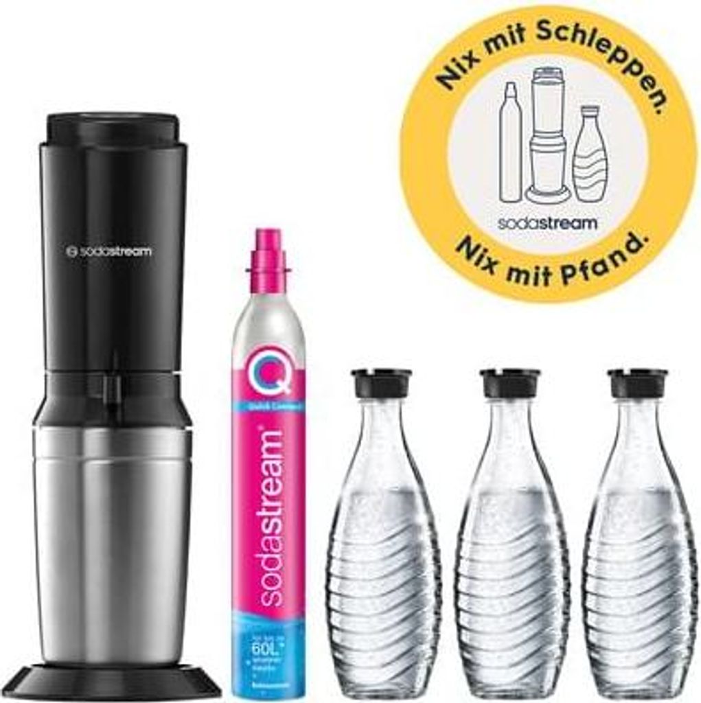 A SodaStream sparkling water maker with a CO2 cylinder and three empty bottles, along with a circular marketing graphic.