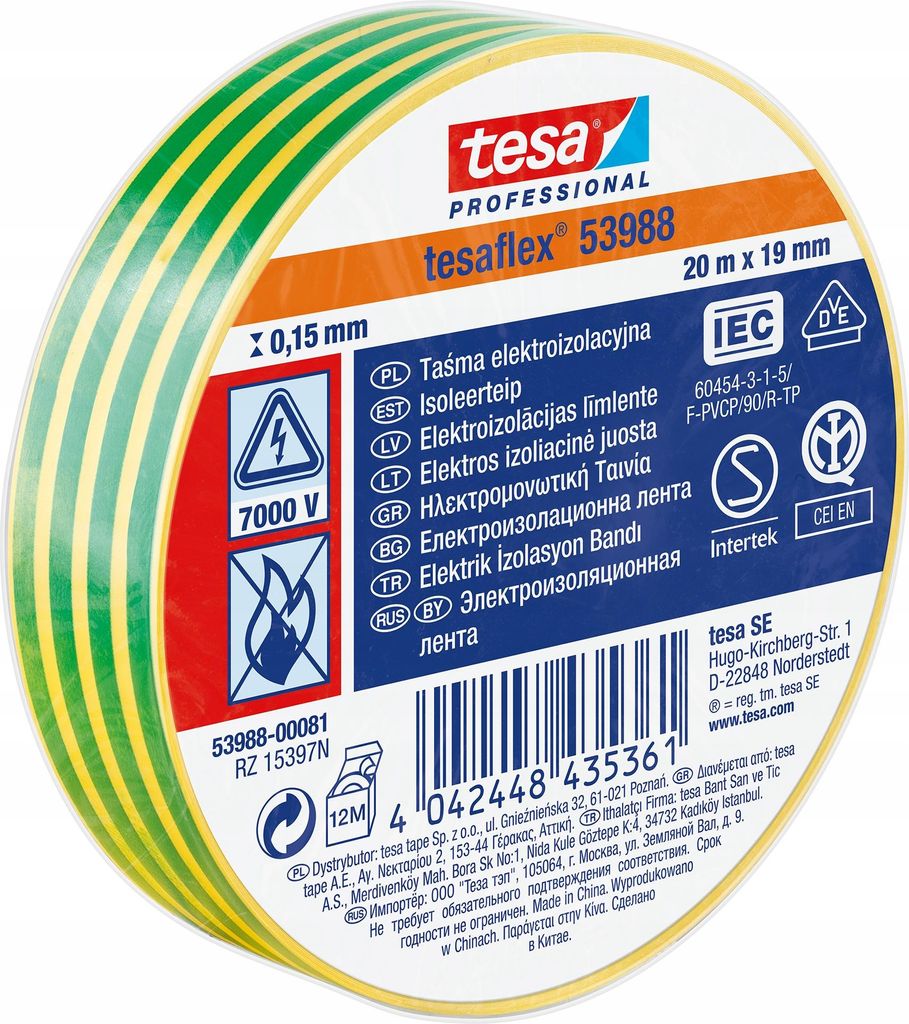 Tesa grün-gelbes Isolierband 20 mx 19 mm