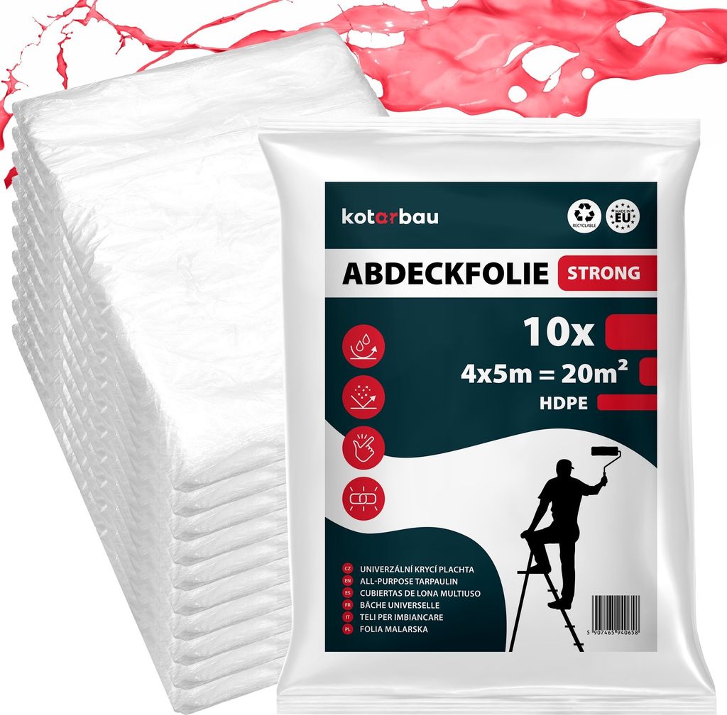 A stack of white plastic sheeting is shown next to a package of the same sheeting with product information and graphics.
