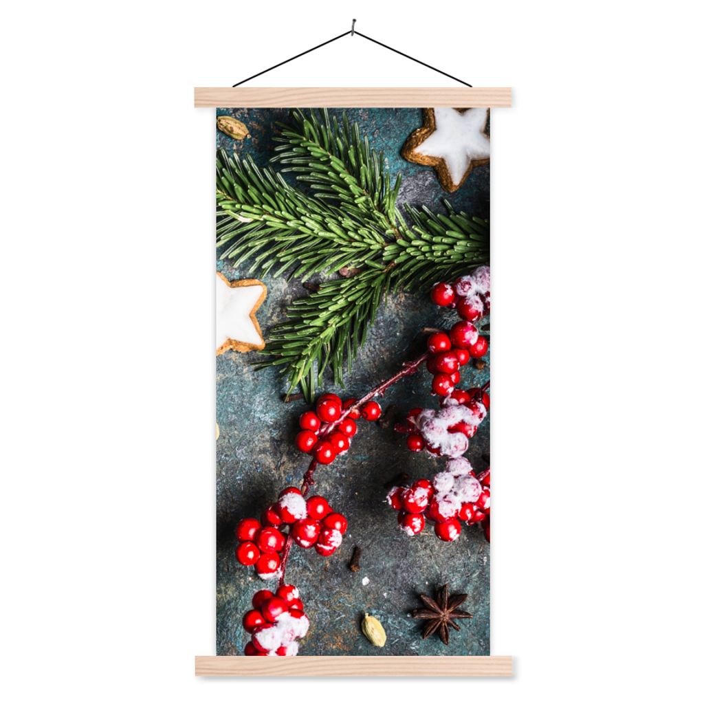 MuchoWow Textilposter Weihnachten - Rustikal - Zweige - Sternanis - Beeren - Rot 60x120 cm mit holzfarbenen Rahmen - Holz