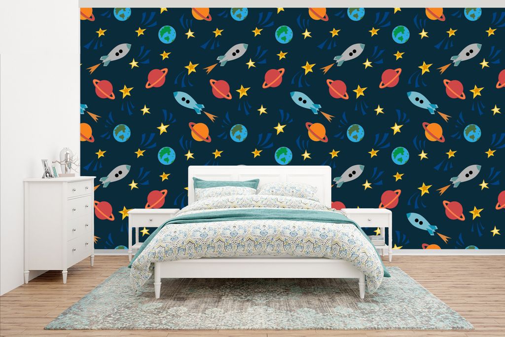 MuchoWow Fototapete für Wohnzimmer oder Schlafzimmer Wandtapete Vinyl Motivtapete Muster - Erde - Weltraum - Rakete - Jungen - Kinder - Kinder -...