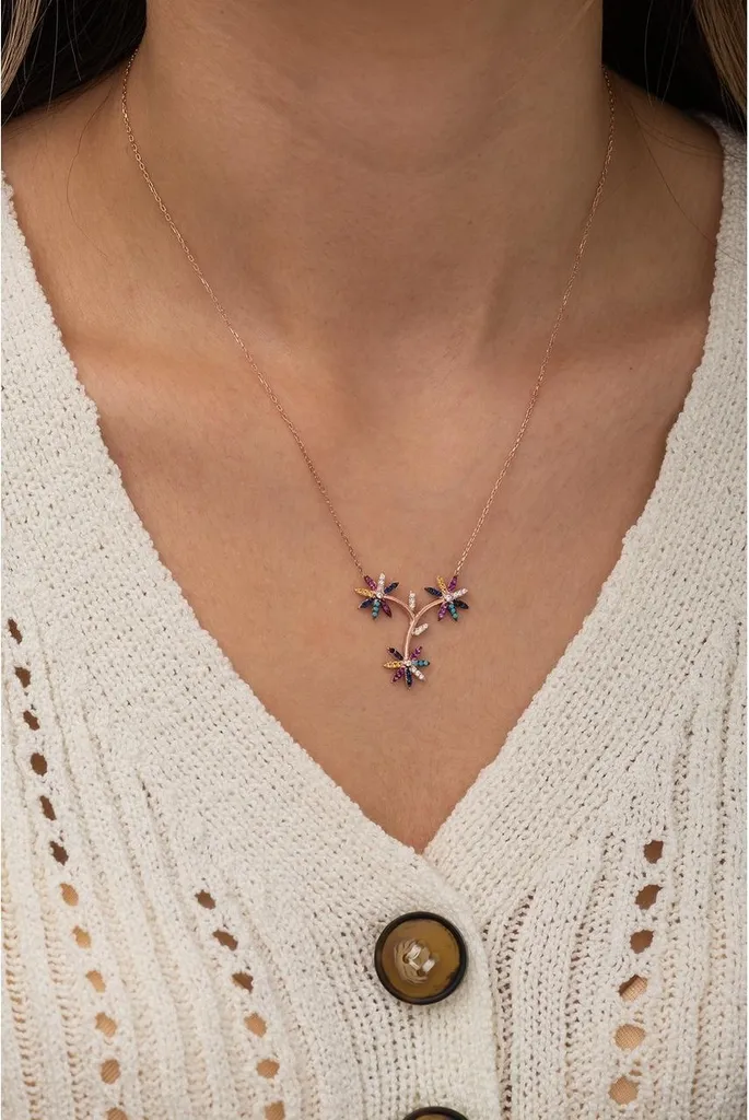 Collier argent 925 motif branche fleurie serti de pierres multicolores