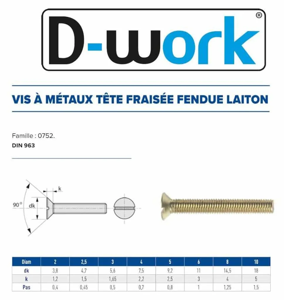 Vis à métaux en laiton 10x20 mm tête fraisée fendue DIN 963 D-Work
