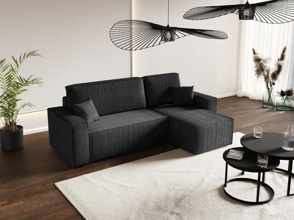 AlpiMeble L-förmiges Sofa Carlos, Modern Couch mit Stauraum, Ecksofa mit schlaffunktion, Eleganter Poso-Stoff, Schwarz