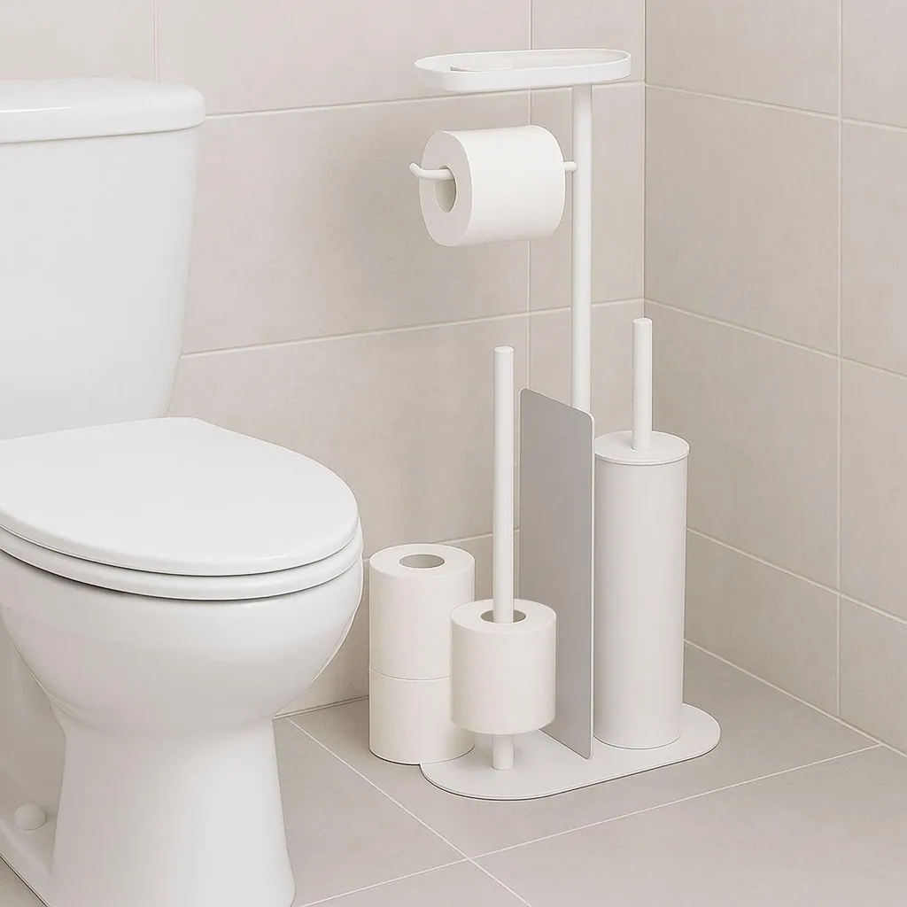 Set Bagno 3 in 1 Metallo: Porta Carta Igienica, Scopino e Portaoggetti