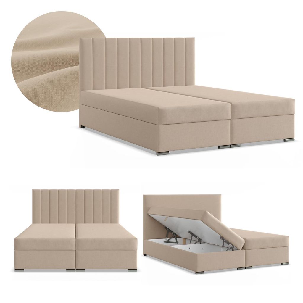 Boxspringbett 160x200 mit 2 Bettkästen, Kontinentales Bett mit Bonell Matratze, Polsterbett, Doppelbett mit Kopfteil, Geflecht, Beige, AGEN 160 x 200