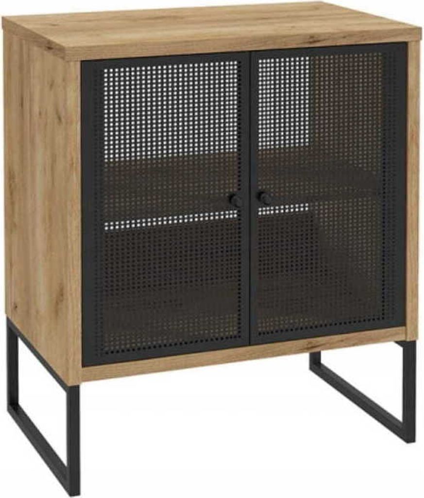 A product shot of a cabinet with black mesh doors and metal legs.