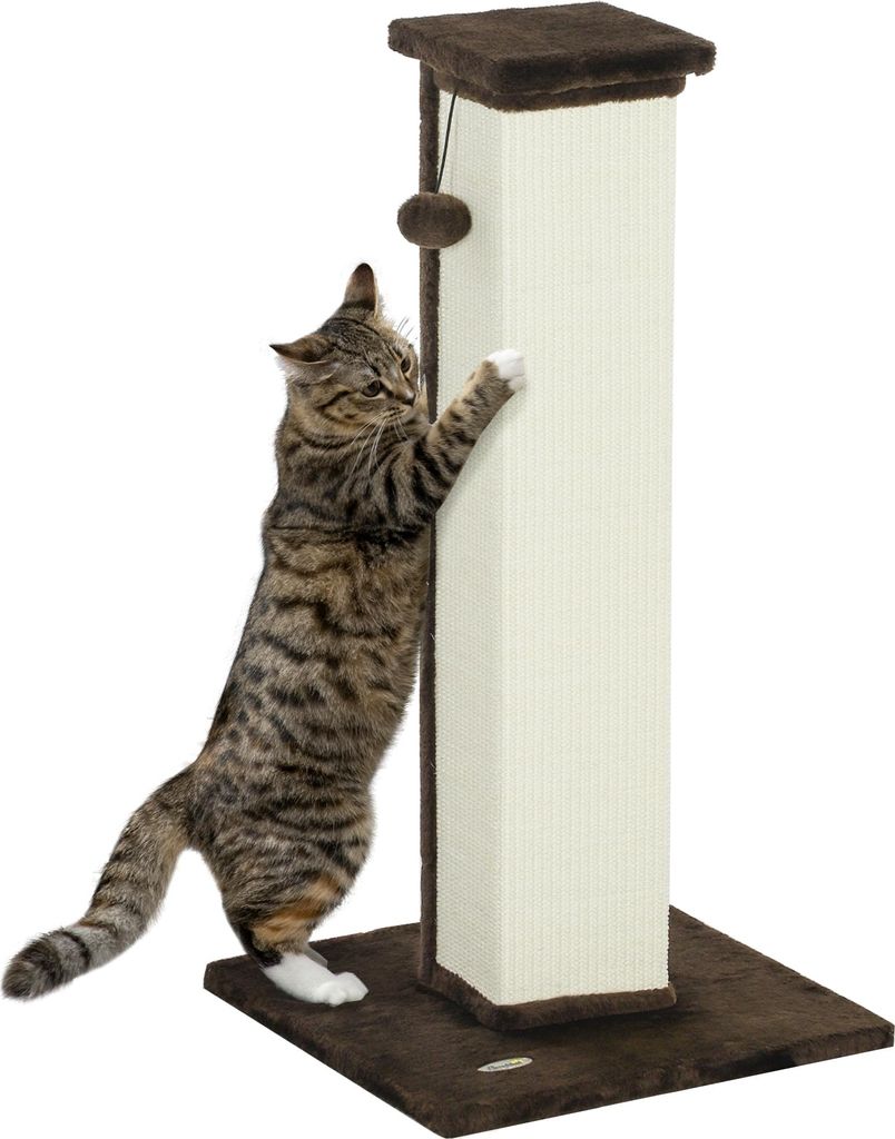 PawHut Katzenkratzbaum, 81 cm, Sisal und Plüsch, mit Hängeball, stabilem Standfuß, modernes Design, 41 x 41 x 81 cm, Braun und Creme