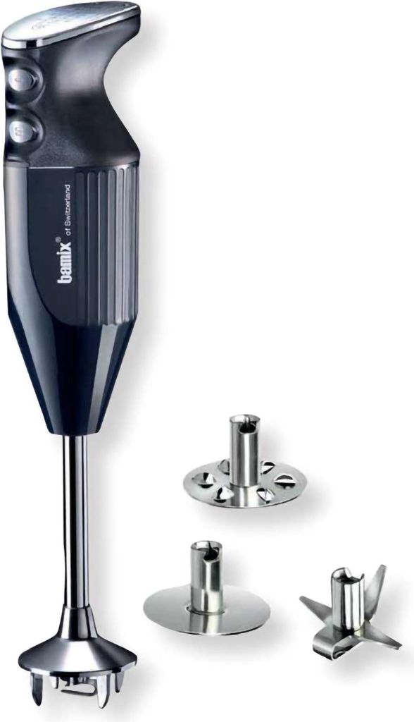 A Bamix immersion blender and its attachments are displayed against a white background.