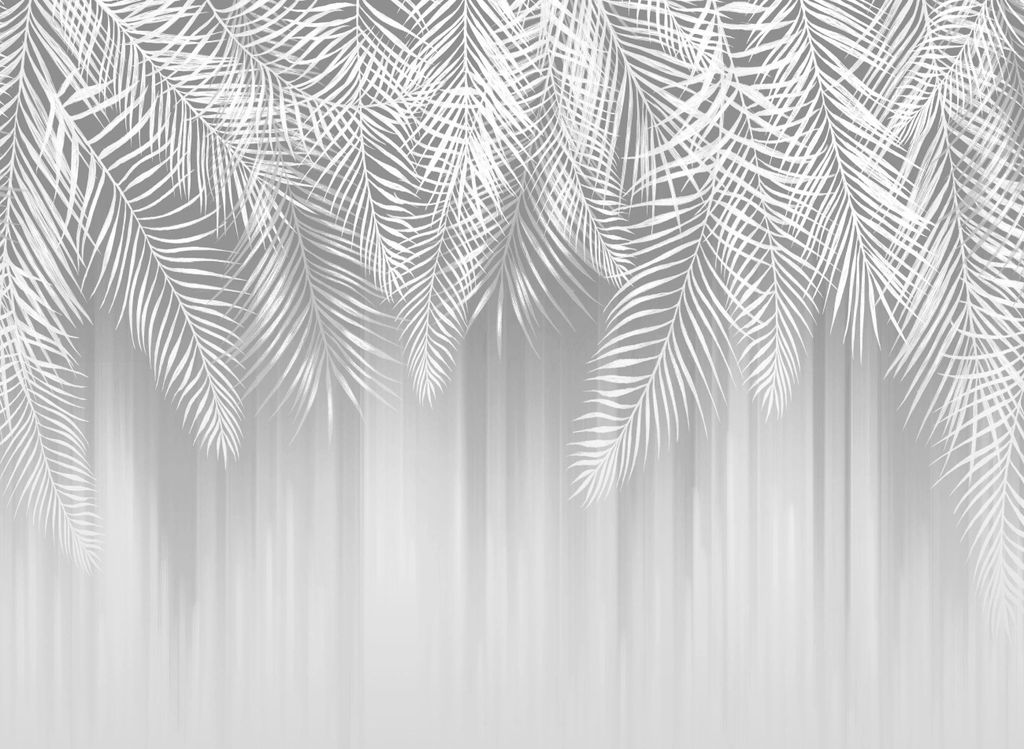 White palm leaves hanging from the top against a blurred gray background.