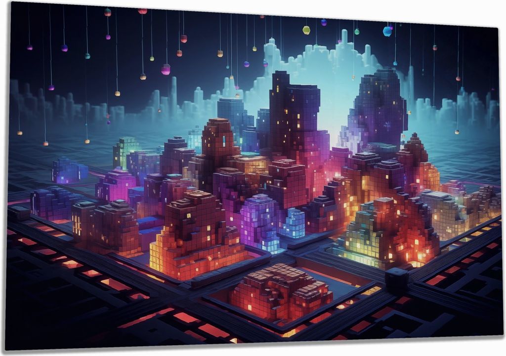 Wallario Herdabdeckplatte aus Glas, Größe 90 x 52 cm 1-teilig, Motiv Leuchtende Pixelstadt