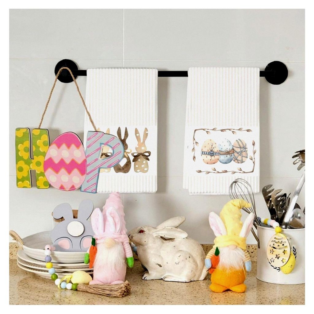 2 Geschirrtücher Ostern mit Motiv von drei Hasen und Ostereiern, Küchendekoration für das Osterfest und saisonale Frühling Nutzung