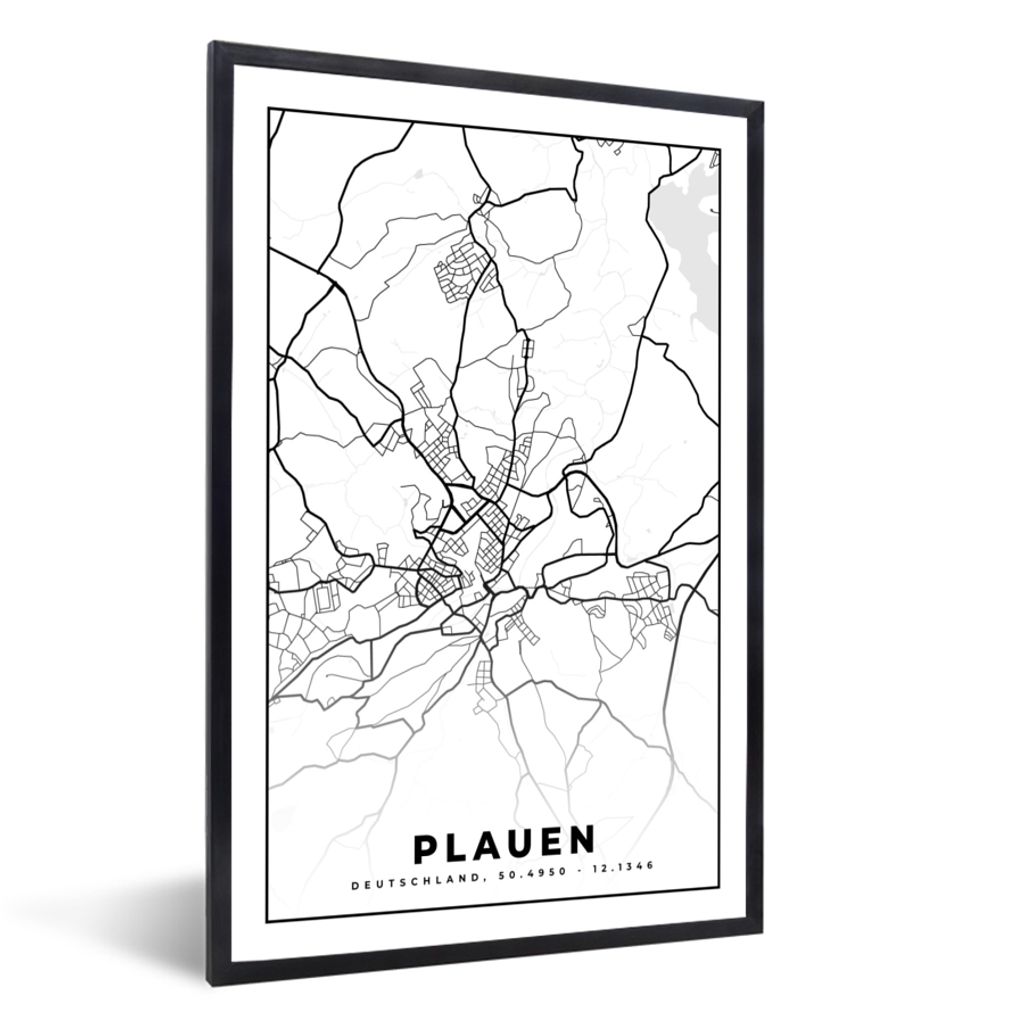 MuchoWow Gerahmtes Poster Plauen - Karte - Stadtplan 20x30 cm - Poster mit Schwarzem Bilderrahmen Wandposter Rahmen Foto Bilder - Drucken - Bilde...