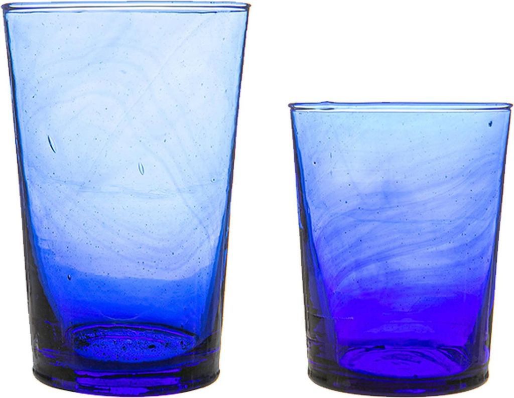 Nicola Spring 12-teiliges Meknes-Glaswarenset – Mundgeblasene marokkanische Highball-Whiskygläser aus Recyclingglas – Blaues Glas