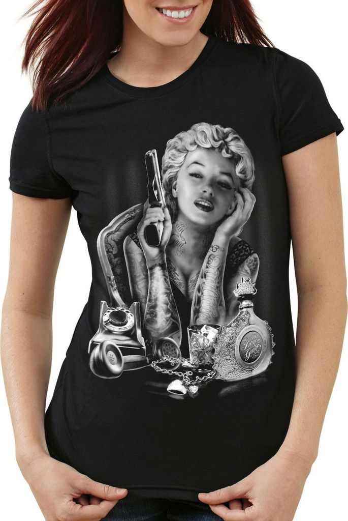 style3 Marilyn Tattoo Heartbreaker Damen T-Shirt rock monroe tätowiert biker usa, Farbe:Schwarz, Größe:L