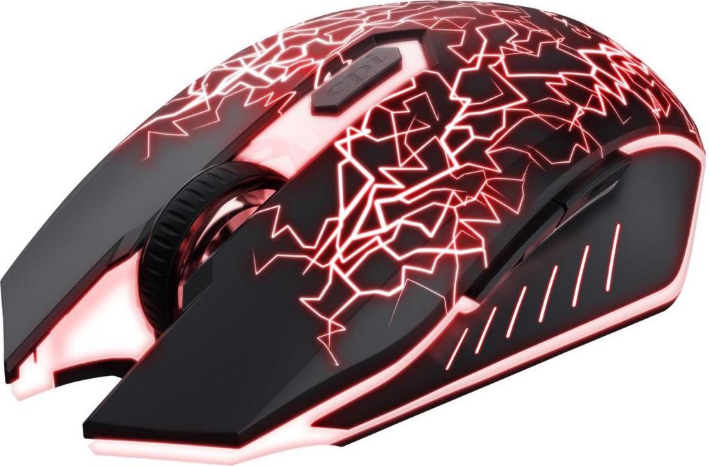 A black and red gaming mouse with a lightning pattern.