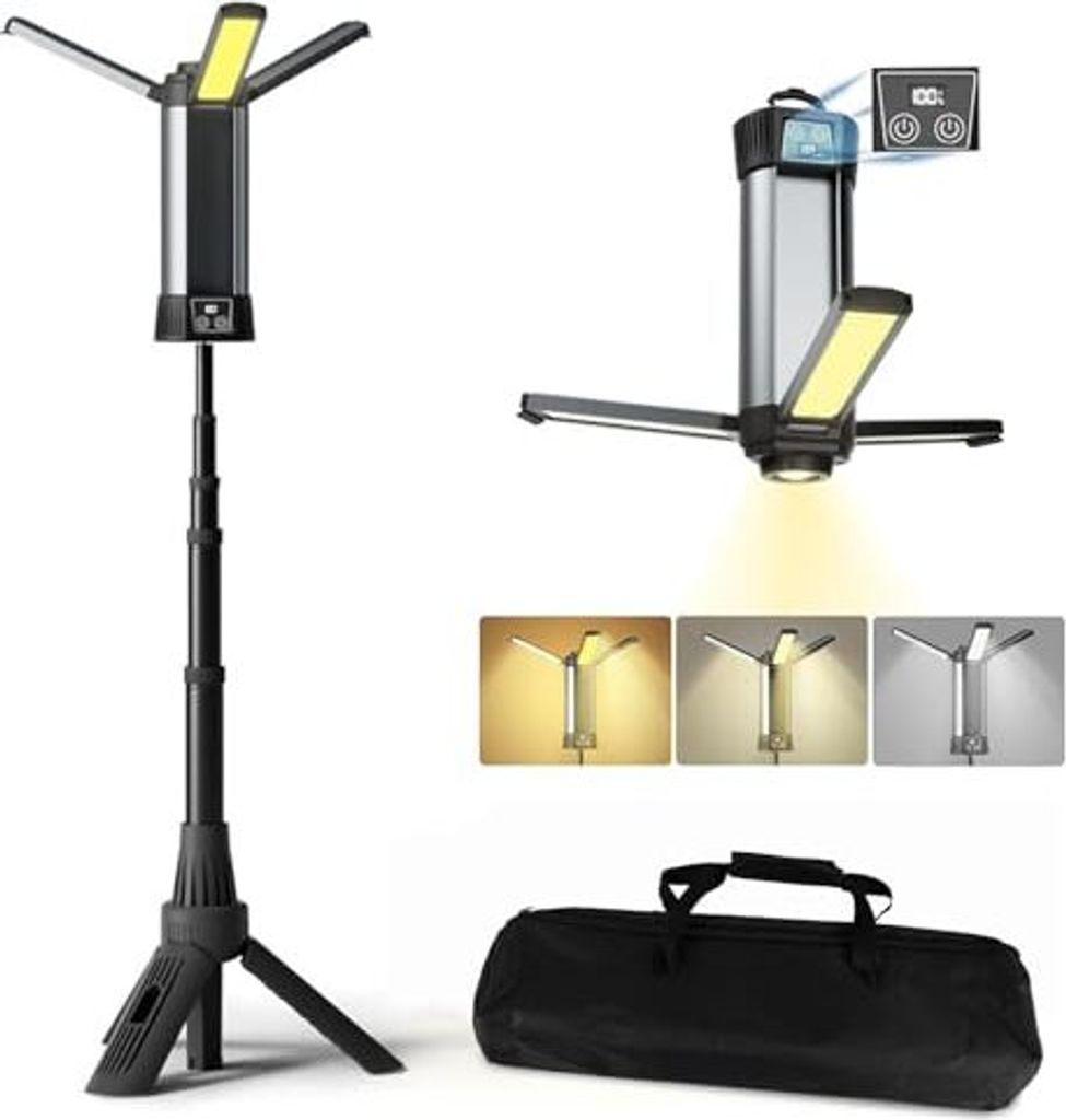 Campinglampe 6000 mAh, 3 Farbtemperaturen, dimmbar, superhelles Suchscheinwerfer, wiederaufladbare drahtlose Arbeitslicht, längeres Stativ, 2000 L...