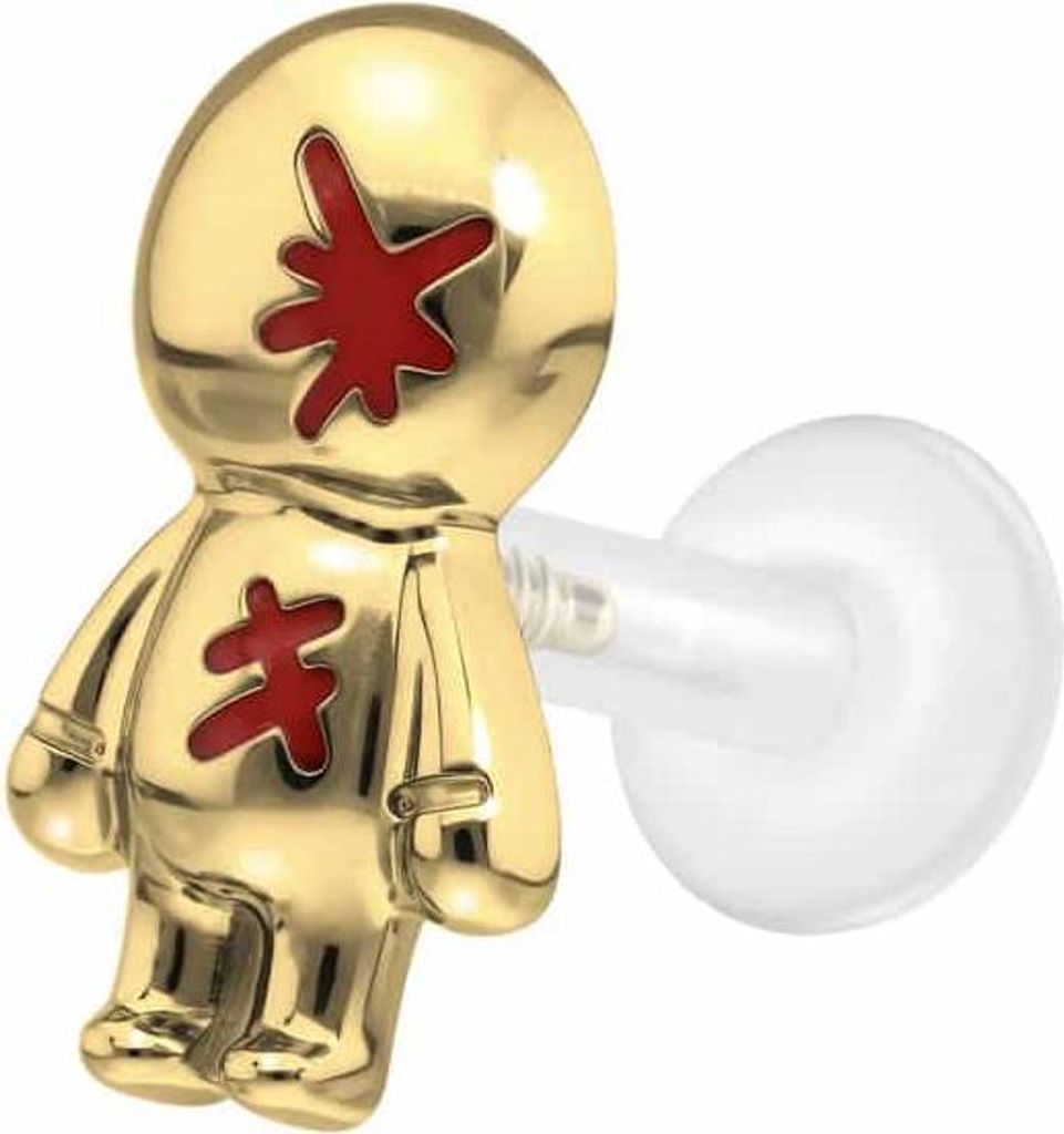 Ohrpiercing, Nasenpiercing PTFE Labret mit Innengewinde + Titan-Aufsatz PUPPE Gold Stablänge: 6mm | Stabstärke: 1,6mm