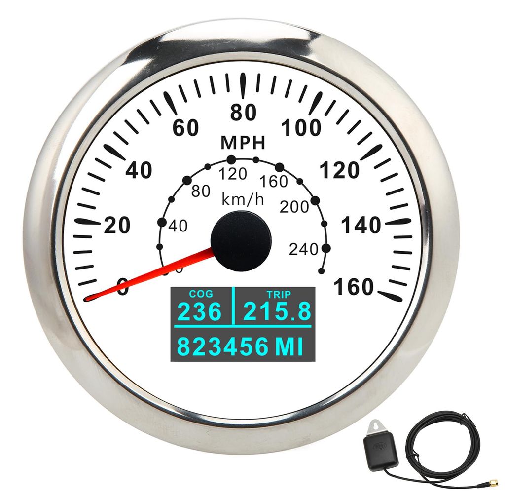85 mm/3,35 Zoll GPS-Tachometer 0–160 MPH 0–240 km/h LCD-Bildschirm IP67 Wasserdicht Universal für Autos Boote Wohnmobile DC9–32 V Weiß