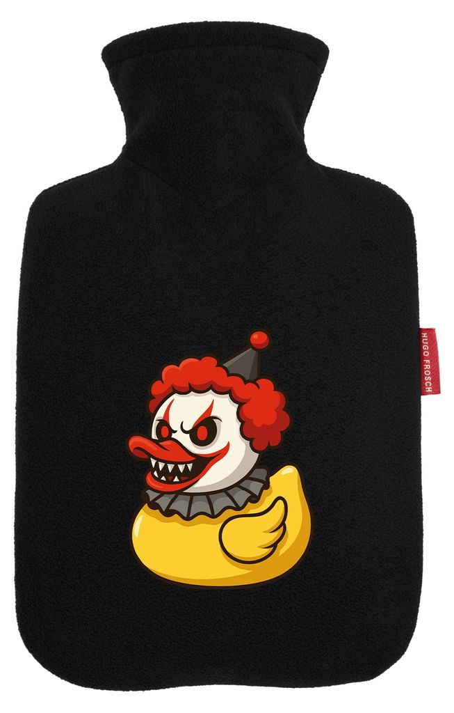 Huuraa Wärmflasche Quietscheente Horrorclown Gummiente Gruselclown 1,8 Liter Black Classic Veloursbezug Bettflasche Geschenkidee