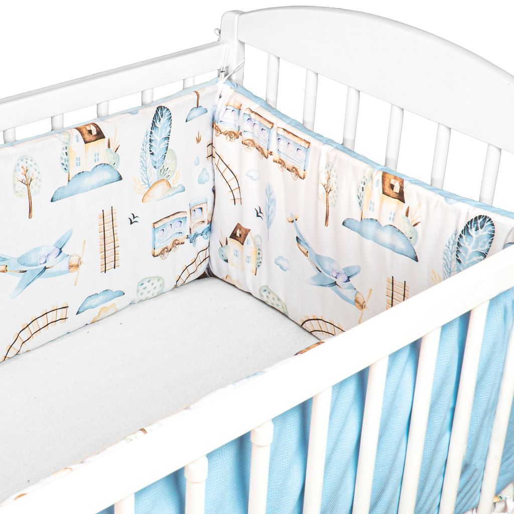 Bettumrandung Nestchen Babybett 210 x 30 cm Patchwork Babybettumrandung Bettnestchen für Beistellbett Gitterbett umrandung Blau mit Velvet 
