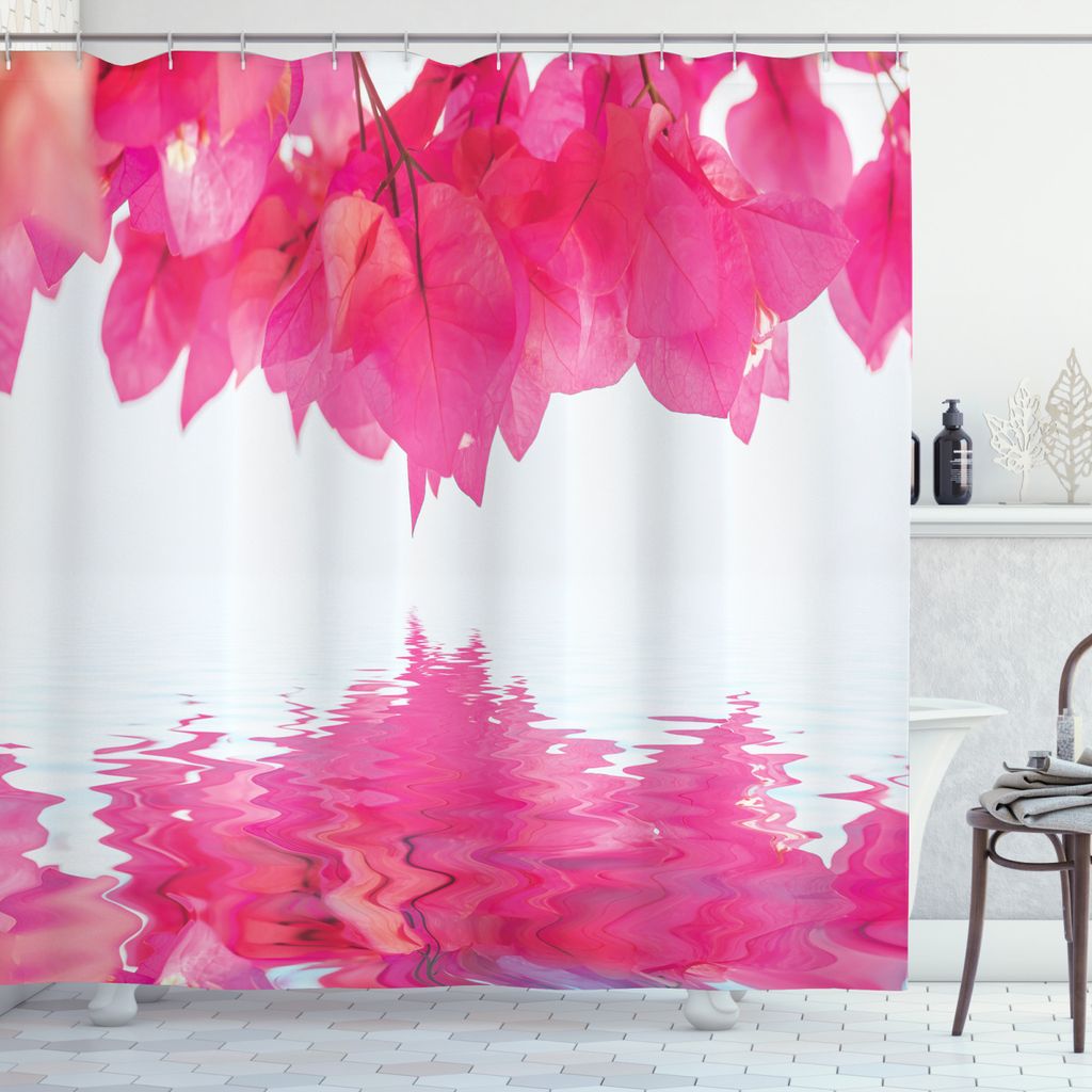 ABAKUHAUS Natur Duschvorhang, Rosa Blätter am Fluss, Klare Farben aus Stoff inkl.12 Haken Farbfest Schimmel und Wasser Resistent, 175 x 180 cm, Ho...