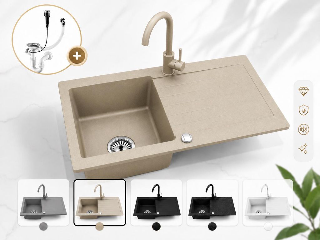 Faizee Home Granitspüle Beige 75 × 44 cm mit Armatur Beige Produktbild 