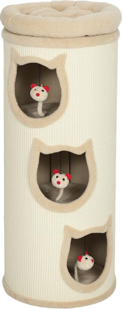 Katzenkratzfass, 96 cm, 4-Ebenen-Katzenturm mit waschbarem Bett, 3 Schlafhöhlen, Hängespielzeug, für mehrere Katzen Grau