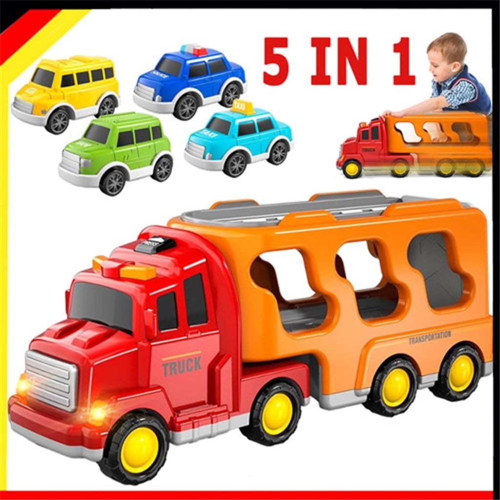 Grosse LKW mit Fahrzeuge Autos Transporter Spielzeug Transport-LKW Autotransporter für Kinder ab 3 Jahren Geschenk 5in1 Spielzeugauto Autotransporter