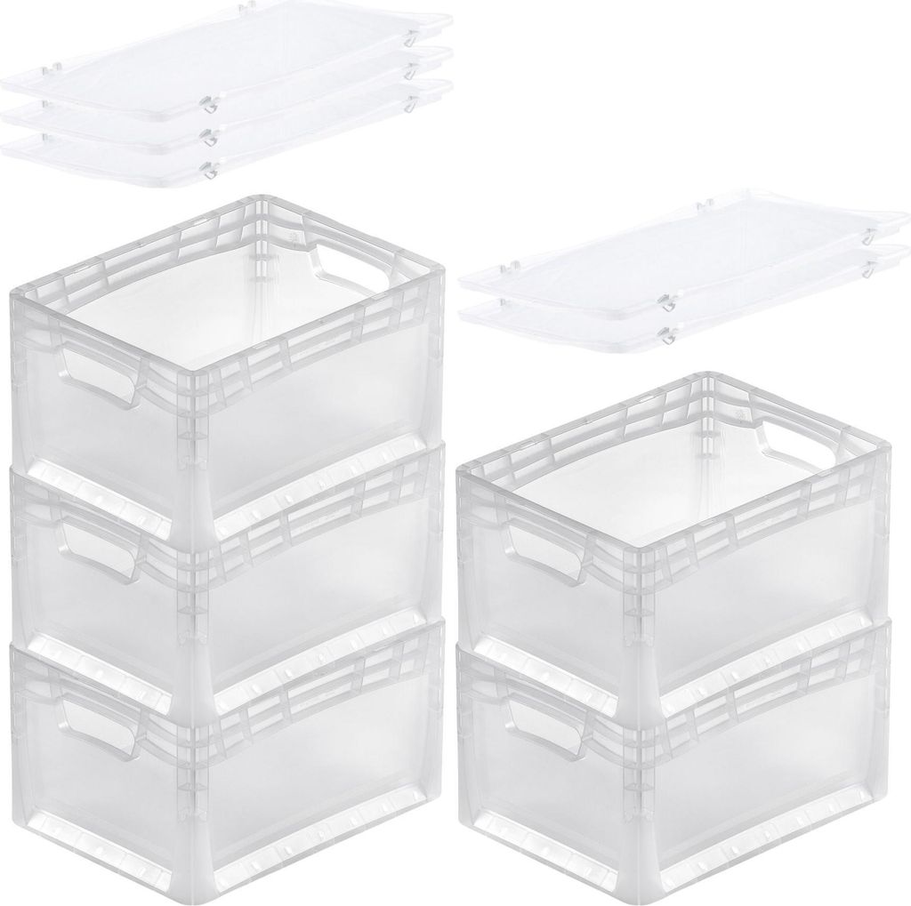 SuperSparSet 5x Transparenter Eurobehälter LightLine mit offenem Griff und Scharnierdeckel | HxBxT 22x30x40cm | 24 Liter | Eurobox, Transportbox, ...