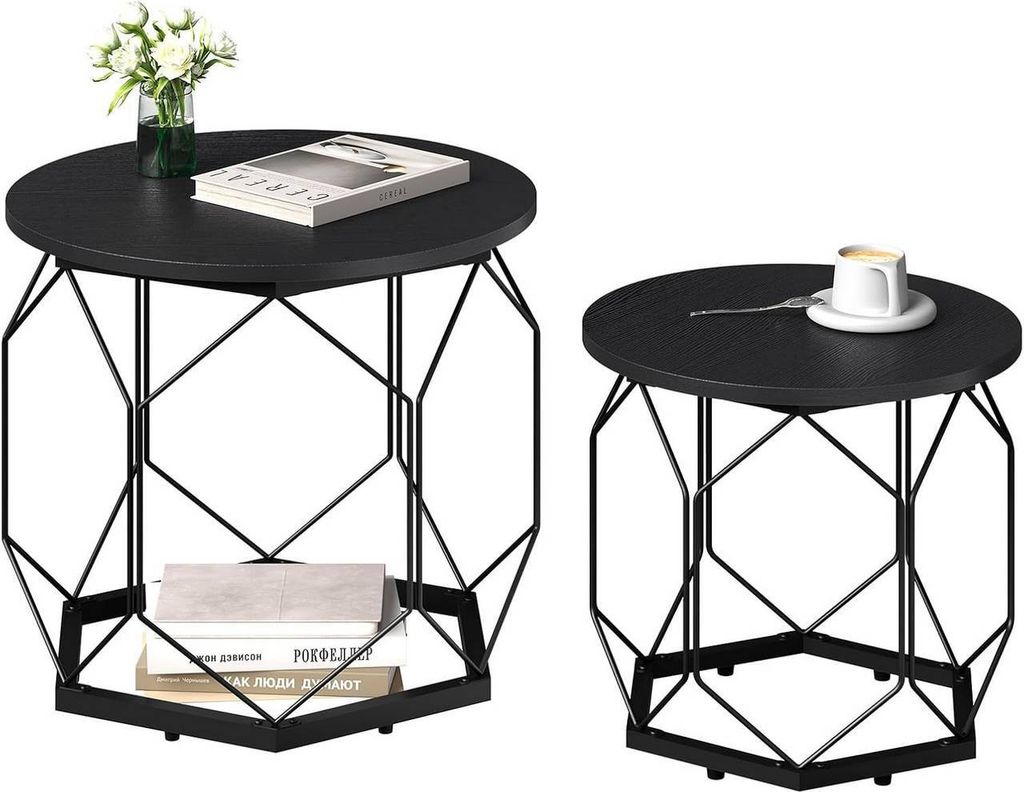 WOLTU Couchtisch 2er Set, mit runder Tischplatte, aus Holzwerkstoff Metall, Holzoptik, Schwarze Holzoptik