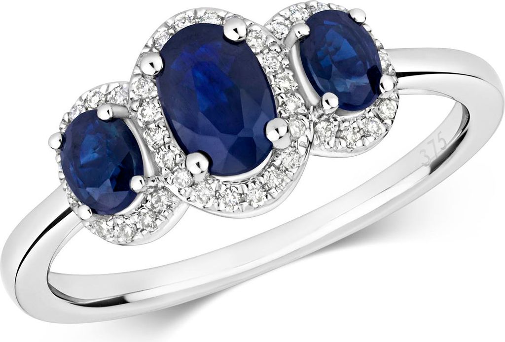 Atemberaubender 9 Karat (375) Weißgold Trilogie Damen - Diamant Ring Brillant-Schliff 0.12 Karat HI - I1 mit Saphir, 49 (15.6); TRS2218RSJ