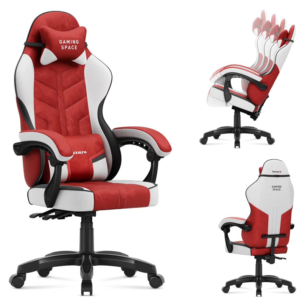Sedia da gioco Huzaro Force 2.7 Red - sedia girevole ergonomica in velluto con schienale regolabile, cuscino lombare e poggiatesta, fino a 140 kg