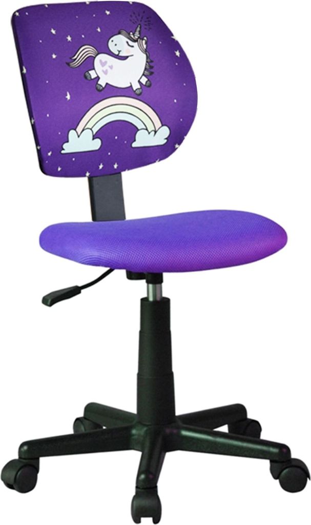 A purple children's desk chair with a unicorn and rainbow design on the backrest.