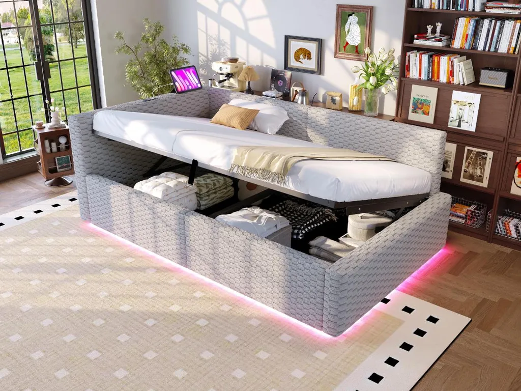 Lit rembourré 90x200 cm gris en velours avec LED et port USB intégré