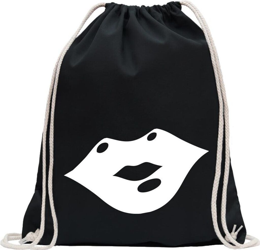 Kiwistar - Turnbeutel - schwarz - Kussmund - Fun Rucksack Sport Beutel Gymsack Baumwolle mit Ziehgurt